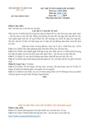Đề thi tuyển sinh Lớp 10 THPT môn Ngữ văn - Năm học 2019-2020 - Sở giáo dục và đào tạo Bắc Kạn (Có đáp án)